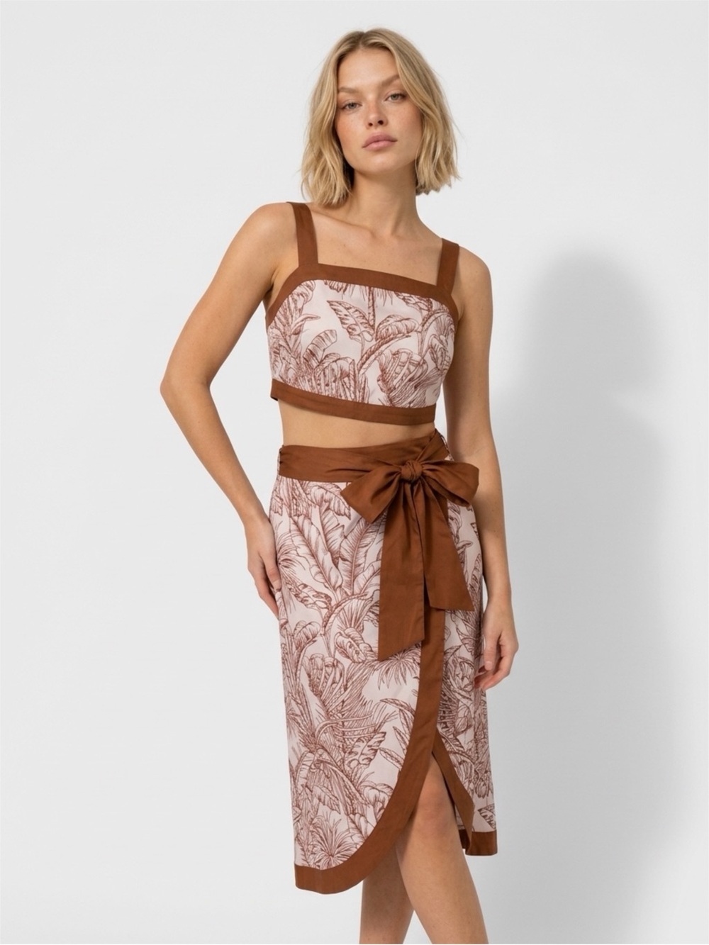 Vici Cream and Brown Botanical Midi Skirt Set